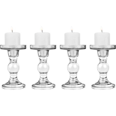 4 Stück Glaskerzenhalter, (8, 8,5, 14 cm) Kerzenständer mit rundem Sockel, stabiler Halter für Spitzkerzen, Tischdekoration im modernen Stil für Hauspartys und Hochzeiten, transparent (1/5)