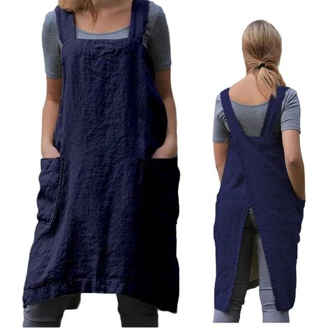 Tablier japonais croisé pour femme, avec poches, idéal pour le travail, le jardinage, la cuisine, la peinture et la pâtisserie - Longueur : 95 cm / Tour de poitrine : 94 cm - Bleu marine (1/4)