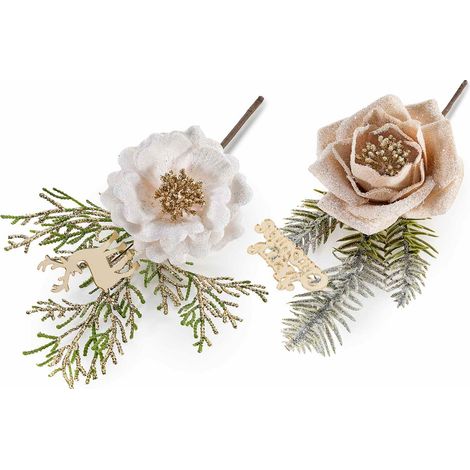 Rametti pick con rosa glitterata in stoffa e decorazione dorata con renna e scritta Merry Chrismas, set da 20 pezzi, cm 13,5 H (con gambo 24)