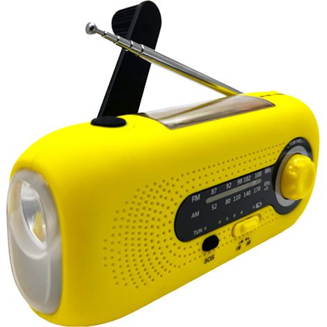 Radio d'urgence avec cellules solaires et manivelle, 2000 mAh, portable, AM/FM, jaune. (1/4)
