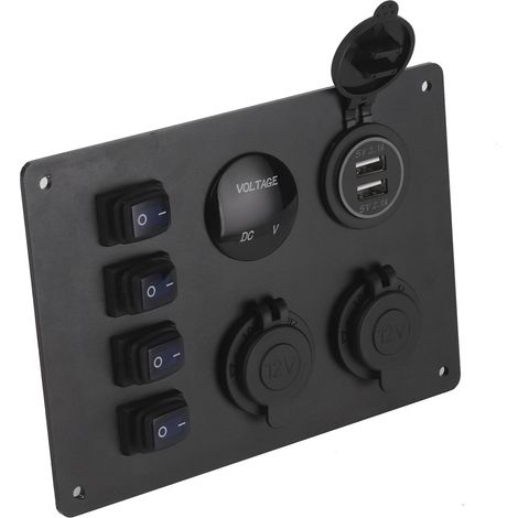 Wasserdichtes 4-fach-Wippschalterpanel mit zwei USB-Anschlüssen, Spannungsanzeige und 12-V-Steckdose für Auto, Boot und Wohnmobil (1/5)