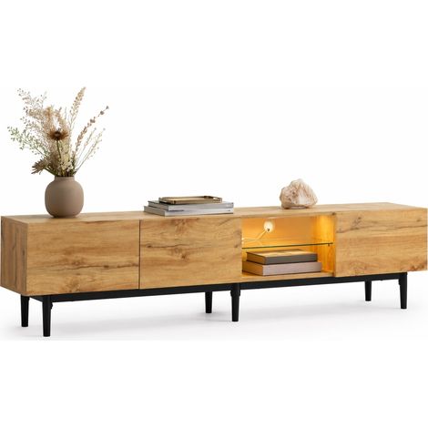 Meuble TV LED 175 cm en MDF, design bois clair et noir, 3 portes battantes, rangement spacieux, commande via application, 50 kg max - CHICFURN (1/5)