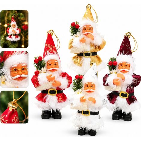 4 Pcs Pere Noel Peluche Suspendus Rouge Dore Blanc et Fuchsia Plastique et Tissu 19.5 x 9 cm Deco Sapin Table Fete Hiver (1/5)