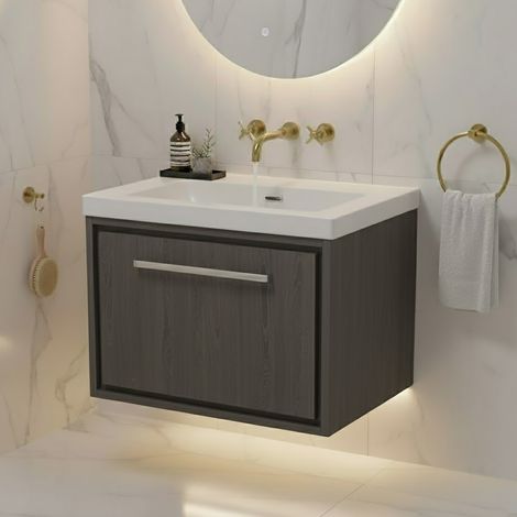 Hudson Reed Lille Wall Hung 1-Drawer Vanity Unit with 0TH Contemporary Basin 600mm Wide - Graphite Grey Woodgrain