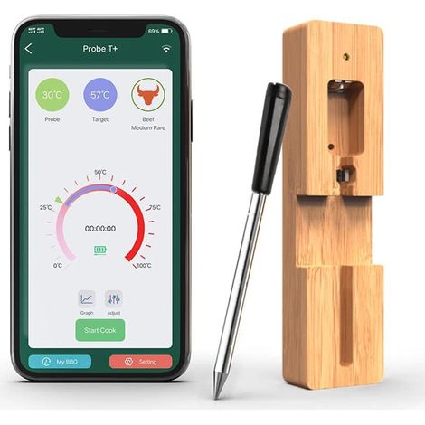 1PCS Sonde Temperature Cuisine Bluetooth 50m Thermomètre à viande Sans Fil avec Fonction de Minuterie et D'alarme Connexion Thermomètre Cuisine pour Friteuses à Air, BBQ, Four, Fumoir (1/5)