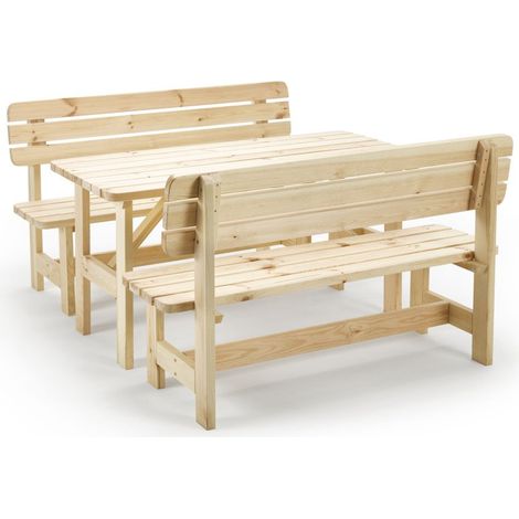 iWerk Massivholzgarnitur Kiefer natur 3-teilig Tisch und Bank Set (1/3)