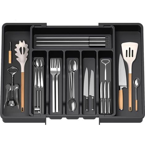 Range couverts extensible 33-57 cm – Organisateur de tiroir réglable en PP sans BPA – 8 compartiments – Rangement compact pour cuisine (1/5)