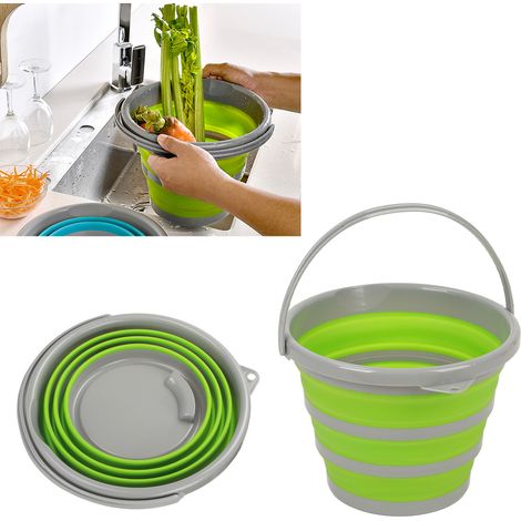 Seau d'eau pliable et portable en silicone, idéal pour la voiture, les voyages, la pêche et la maison. Grand format vert. (1/5)