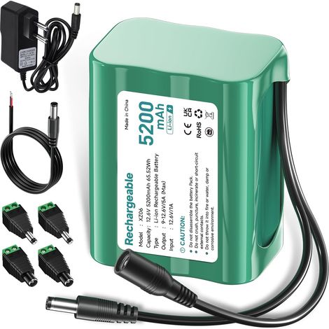 12.6V Lithium ION Battery 5200mAh, Petite Batterie 12V avec Chargeur et Adaptateur connecteur et Ligne Connexion pour Dab Radio, Bight Lighting, Headlights, StagePiano, Sonar (1/5)