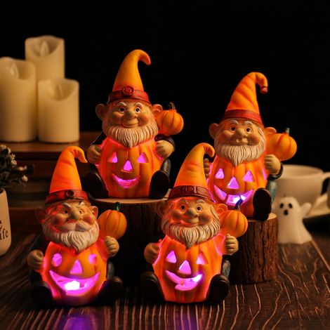 Décor Halloween - Nain Résine avec Citrouille - Lumineux en Intérieur - Pour Cour, Salon, Fenêtre - 1 Pièce (1/4)