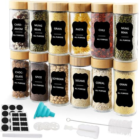 Pot à Épices en Verre et Bois,12 Pièces 120ml Carré Bocaux à Épices Boite a Epices Cuisine Rangement avec Tamis Étiquettes Entonnoir (Rond) (1/5)
