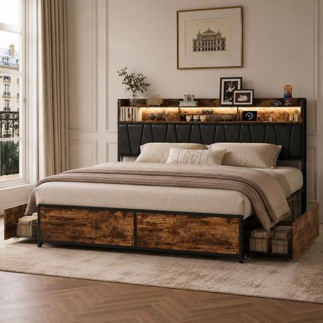 Lit double 180x200 cm avec 4 tiroirs sur roulettes, tête de lit avec LED RGB et chargement USB Type-C, Brun Noir (1/5)