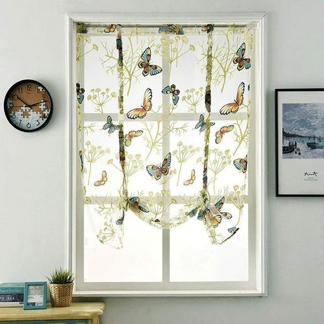 Rideau Romain Vert 60x140 cm Tulle Imprimé Papillon, Transparent, Volants, Idéal pour Balcon, Cuisine, Salon et Chambre (Tringle Non Incluse) (1/5)