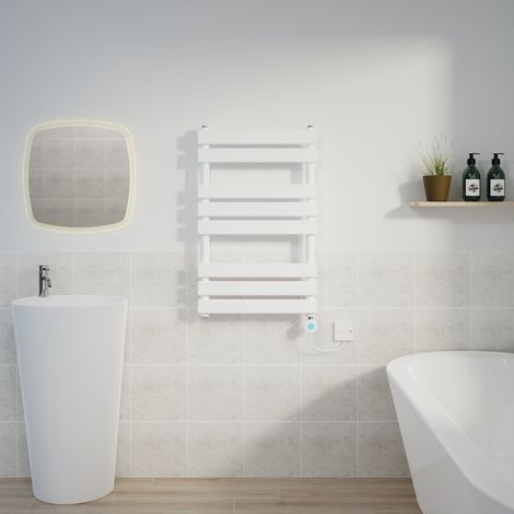 Flat Electric Towel Rail Thermostatic Timer White 800x500mm