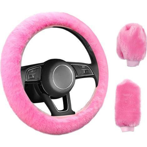 3 Pièces Couverture de Volant de Voiture Anti-Dérapant Élastique Housse de Volant Universelle de Voiture en Peluche Rose avec Housse Frein à Main et Boîte Vitesses (38cm) (1/5)