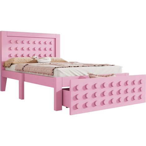 Lit enfant 90x200 cm avec tiroir de rangement et sommier à lattes, lit 1 place en bois rose au design créatif, avec espace sous le lit CHICFURN (1/5)