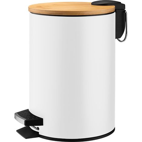 Cestino per rifiuti da bagno da 3 litri, in acciaio verniciato a polvere bianco Dastin, con coperchio a ribalta e in bambù. (1/3)