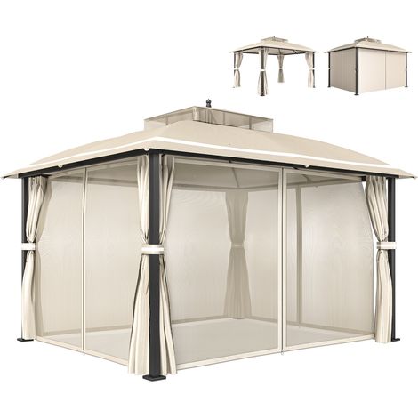 Outsunny cenador para jardín 3x3,7 m, con doble techo, paredes laterales, mosquiteras, resistente al agua, anti-uv, para exterior, terraza, beige