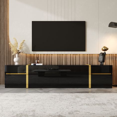 Mobile TV 180x40x38 cm, porta TV da soggiorno dal design moderno ed elegante, con profili dorati, 4 cassetti e 2 ante, nero (1/5)