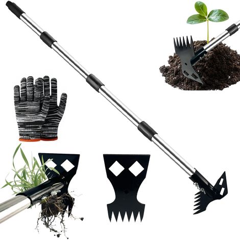 Désherbeur manuel à long manche, râteau à main 2 en 1 et houe de jardin pour le jardinage, désherbage pour cour, pelouse, terrasse et jardin (1/5)