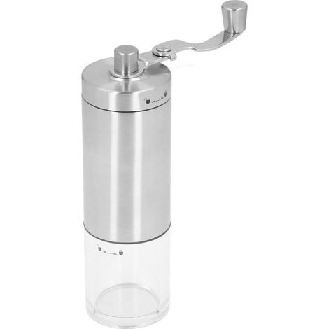 Manuelle Kaffeemühle aus Edelstahl, verstellbares Mahlwerk, transparenter Behälter (25 g Bohnen, 50 g Pulver), inklusive Luftblasenschutz, Edelstahlmodell. (1/5)