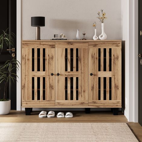 Madia bassa 120 x 32 x 92 cm, mobile contenitore per soggiorno, camera o ingresso, credenza a 3 ante in legno traforato stile scandinavo, Naturale (1/5)
