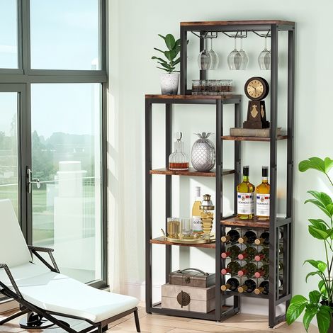 Freistehendes 5-stöckiges Weinregal mit Glashalter und Weinlagerung, Regal im Industriestil für Bar oder Küche