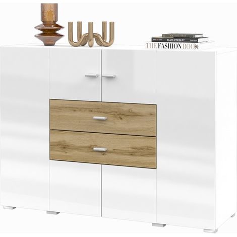 Buffet kleines Modell 120cm Kollektion KOBEE mit 2 Türen und 2 Schubladen. Farbe Weiß und Eiche.