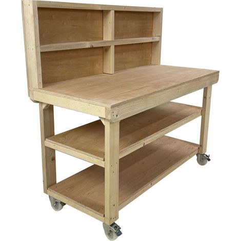 Wooden Eucalyptus PLY Top Workbench, 4ft (120cm) With back panel, wheels and Double shelf