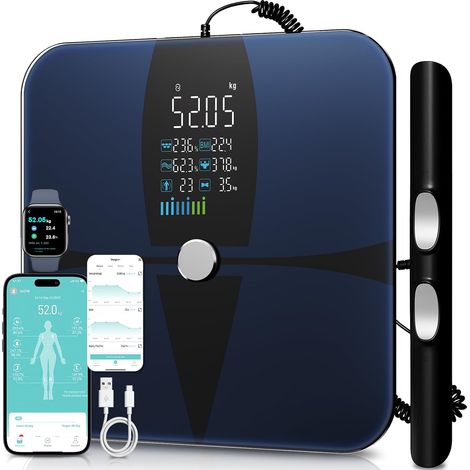 Balance Pese Personne Connectée Impédancemètre, 8 électrodes, Grand écran VA, 22 Métriques, Double Fréquence Technologie pour Masse Grasse et Musculaire, Port Type-C, App Android/iOS, 180kg/400lb (1/5)
