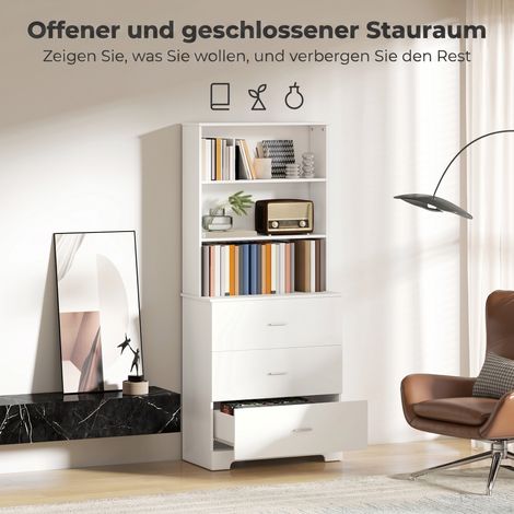 Armoire bibliothèque vitrée avec 3 tiroirs, 3 étagères ouvertes, pour salon cuisine, 79x39,5x180 cm, Blanc (1/5)