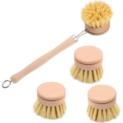 1 Set Brosse vaisselle,Longue poignée 23,5cm,Têtes remplaçables,Brosse bois,Naturel,Cuisine (1/4)