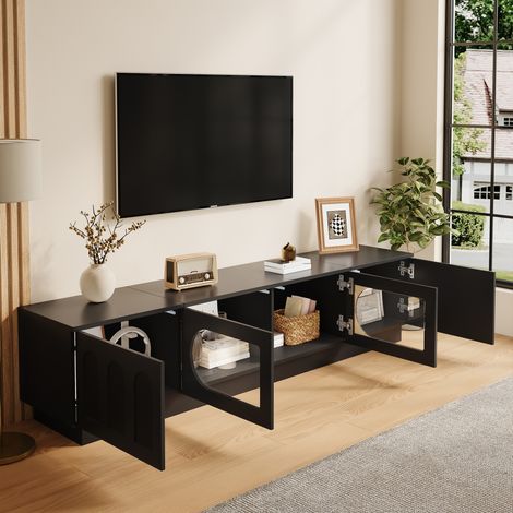 TV-Board (200x40x42 cm), mit LED-Beleuchtung und Glastüren, Vintage-Look, MDF und Spanplatte, Schwarz (1/5)