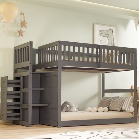Kinderetagenbett 140x200 cm – mit Stauraum und vier Schubladen – hohes Querträgerdesign – Lattenrost – geeignet für Kinder und Jugendliche – Grau