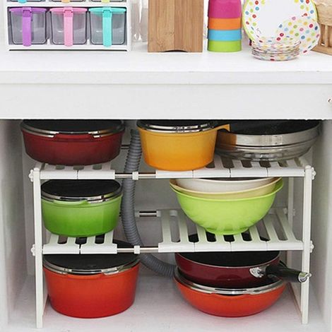 TrAdE Shop Traesio - Scaffale Stoviglie Estensibile 50-70cm Organizer Sottolavello Portaoggetti Mensola 2 Piani - (1/5)
