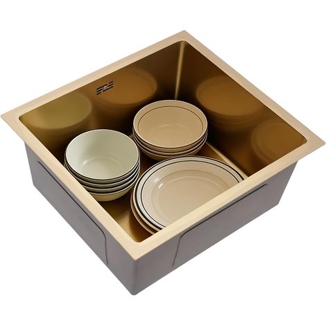 HAUTOUR Évier de cuisine doré 50 x 45 cm, 1 bac avec revêtement par condensation, en acier inoxydable, profondeur 20 cm, évier de cuisine avec 2 tuyaux d'évacuation (1/5)