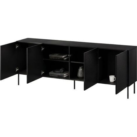 Credenza Carema, Sideboard 2 Regale, 4 Türen, 6 Fächer, 200,5x42x75h cm Schwarz