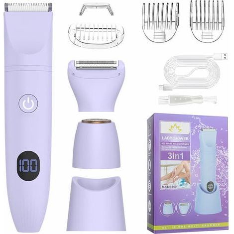 Tondeuse électrique unisexe 3 en 1 pour le corps et le visage : étanche IPX6, utilisable sur peau sèche ou humide, épilation indolore pour les zones sensibles, le maillot et les jambes, USB R Violet (1/5)