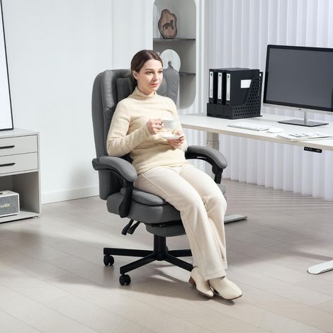 Poltrona da ufficio con funzione massaggio, schienale reclinabile 135°, poggiapiedi, microfibra grigia (1/5)