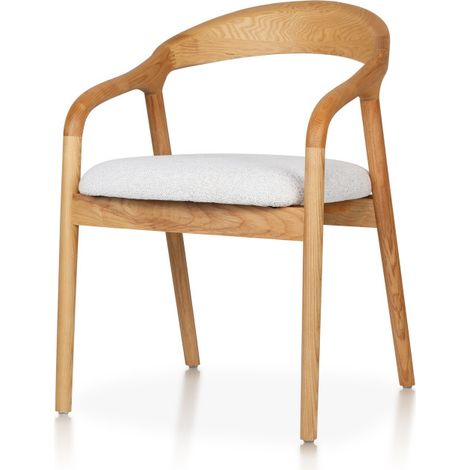 Silla de estilo escandinavo en madera natural con asiento de tela jaspeada de color beige claro: elegancia y comodidad. (1/5)