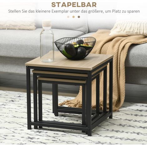 Ensemble de 3 tables gigognes, style atelier, piètement métal noir, plateau aspect bois (1/4)
