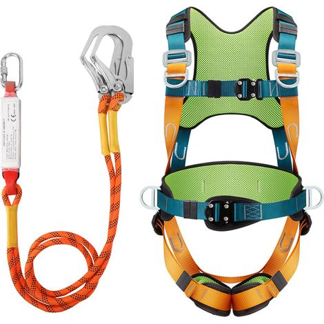 Harnais de sécurité anti-chute 150 kg – 2 crochets en acier – Sangle réglable 80 à 120 cm – Corde 2 m avec sac d'amortissement