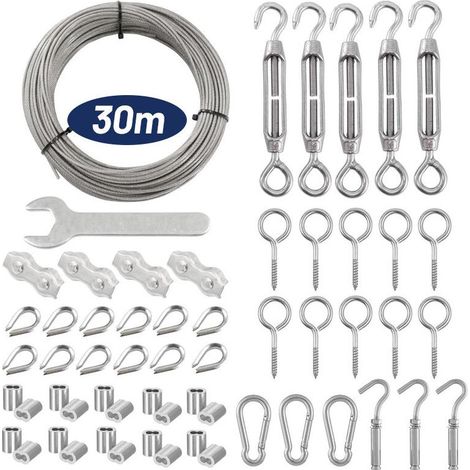 Lot de 59 cordes en acier inoxydable 304 de 30 m – Tendeur avec œillets pour plantes grimpantes, cordes à linge, lumières suspendues – Résistant à la corrosion (1/4)