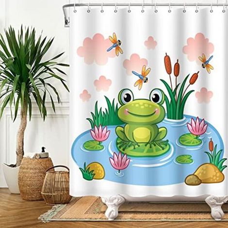 180 x 180 cm Duschvorhang mit niedlichem Froschmotiv, Frosch auf Lotusblatt, Teichblume, Libelle, Sommertier, weißer Badewannenvorhang für Kinderbäder, Polyester mit Haken
