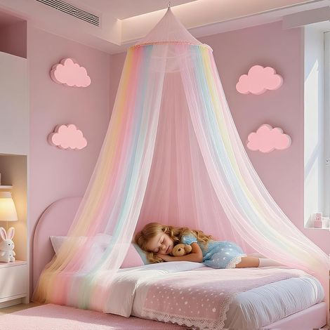 Moustiquaire de Lit, Ciel de Lit Fille, Arc-en-Ciel Moustiquaire pour Lit Double Simple, Ciel de Lit Enfant pour Voyage et Maison Indoor Outdoor