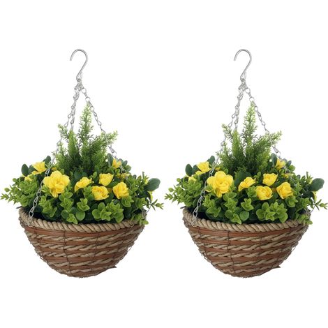 Outsunny 2 PCs Artificial Lisianthus Flower Hanging Planter Basket Yellow