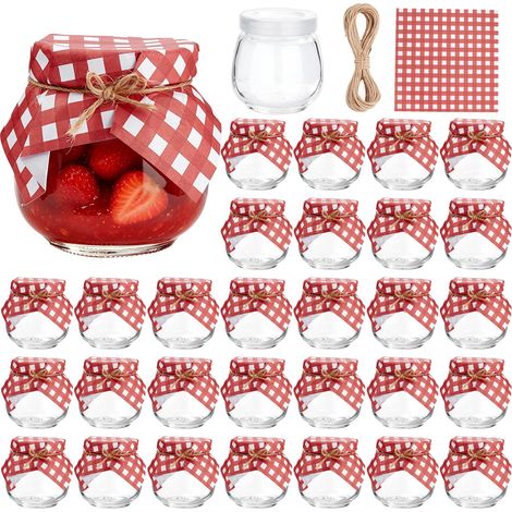 Lot de 30 mini pots à yaourt en verre de 100 ml avec couvercle et fermeture en papier rouge avec ficelle de jute pour épices, confiture, miel, cadeaux de mariage, anniversaire, fête (1/5)