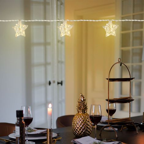 Lichterkette Weihnachtsdeko Sternen-Design Leuchtkette Sternenlampe, Metall silber, Batterie 10x LED 3000K warmweiß, L 165 cm