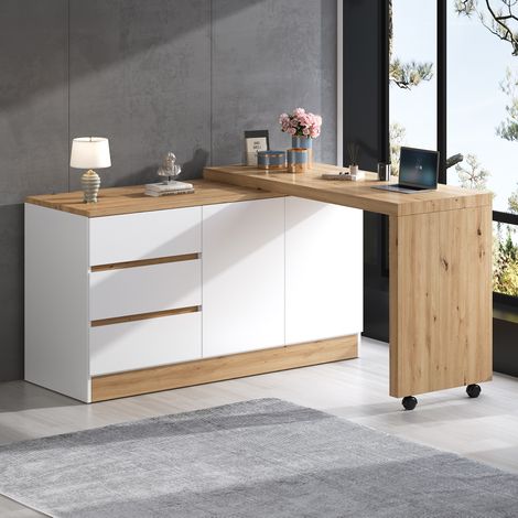 Escritorio plegable 120 x 50 x 78 cm con ruedas y almacenaje, blanco/roble OKMYHOME (1/5)