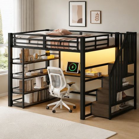Cama alta metálica 140x200 con escritorio, estantes, LED y USB, negra (1/5)